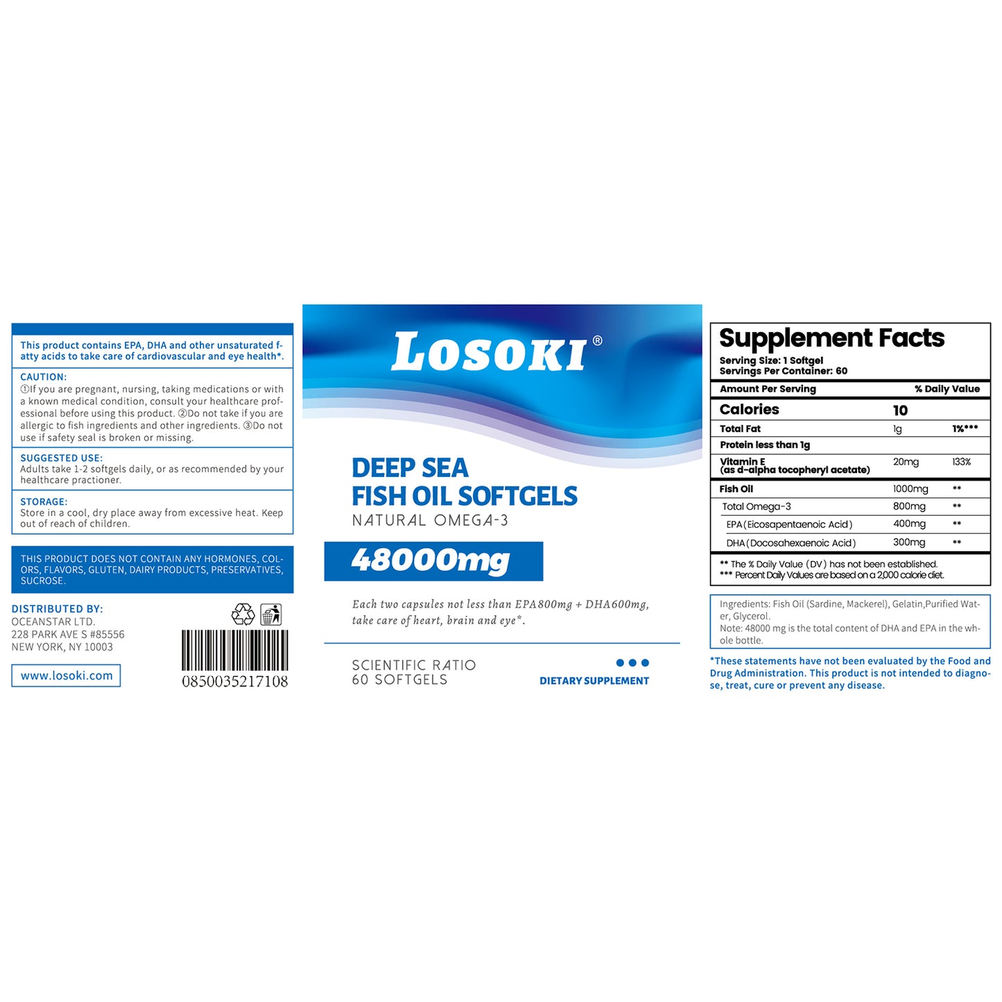 LOSOKI deep-sea fish Oil Supplement - supports memory enhancement, reduces blood lipids - contains a high concentration of Omega-3, DHA, EPA-60 softgel capsules